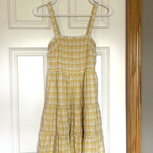 Yellow White Hollister smocked tiered checkered sundress dress strapless S